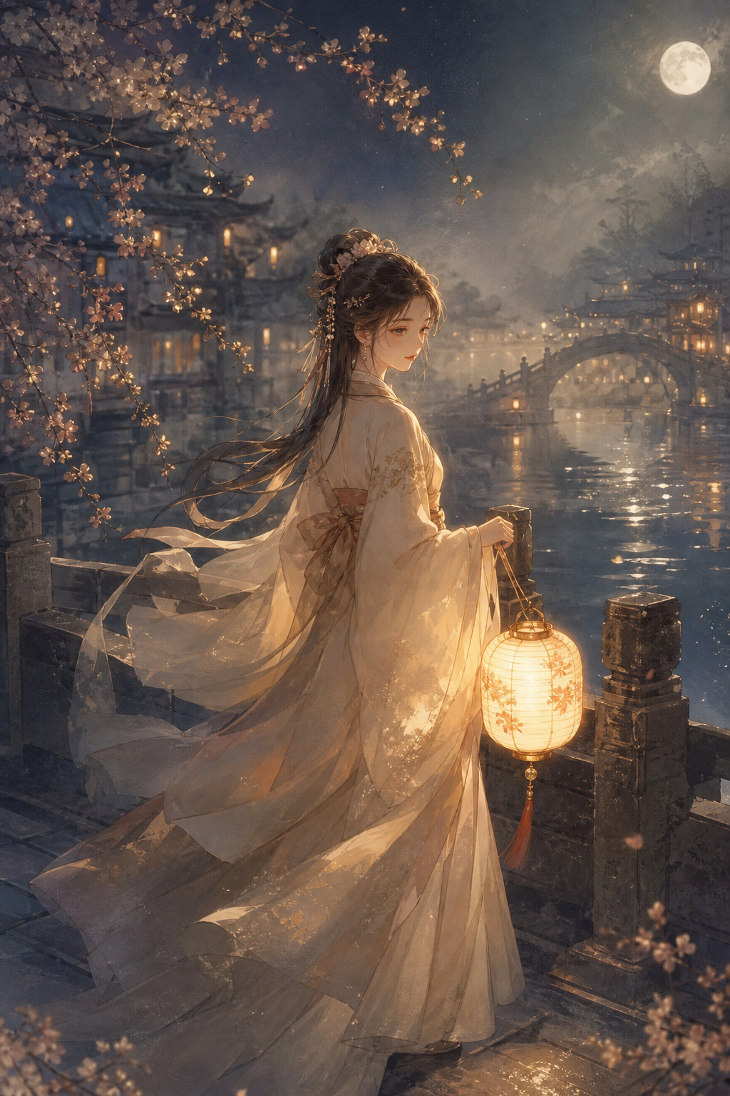 古风，杏色汉服少女，古典，层次感分明，光影交错。极致烂漫，艺术气息，模糊 暖光斜射，斑驳光影，渐变极致唯美意境，梦幻，氤氲，意境，漫画故事感强。朦胧感浪漫古风，素雅淡雅素净唯美，河面，桥，水彩，手提着灯笼，水墨，夜晚