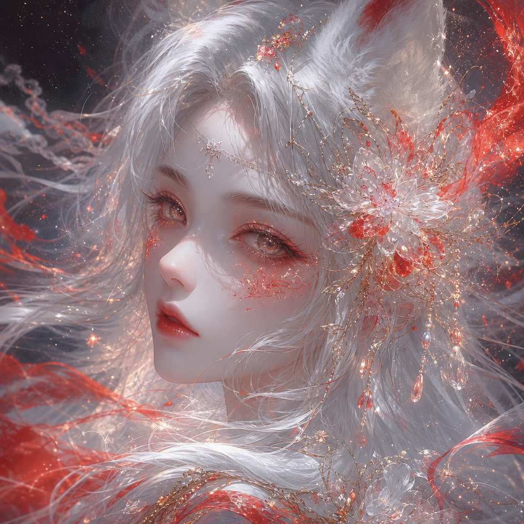 一个由粒子组成的古风插画，绝美狐妖，绒毛耳朵，雪白色毛发，白色头发，梦幻。笔触细腻，线条流畅，强烈明暗对比，超高清画质，尽显高级感，金箔点缀，花朵形态饰品。发饰，由琉璃珠组成的饰品。梦幻白色，顶级画质呈现，精致眉眼，卷翘长睫。肌肤清透似雪，强光下细腻渲染，眉眼尽显温婉气质，细节五官精巧。粒子发光与生物发光的红色闪片、淡红透明流体环绕眼眸，细节丰富，朦胧氛围十足，淡白云雾缭绕，闪烁微光，眼眸如藏璀璨星河，从眉眼间似有清风流云与繁星闪烁飘过，面部特写，微距镜头捕捉，面部阴影过渡自然，细节满满，眼睛微微上抬，雪白色凌乱发丝增添灵动，高质量呈现，细节丰富。厚涂手法，插画写实逼真，具浓郁艳丽的油画质感，细腻肌理，似bjd般精致。