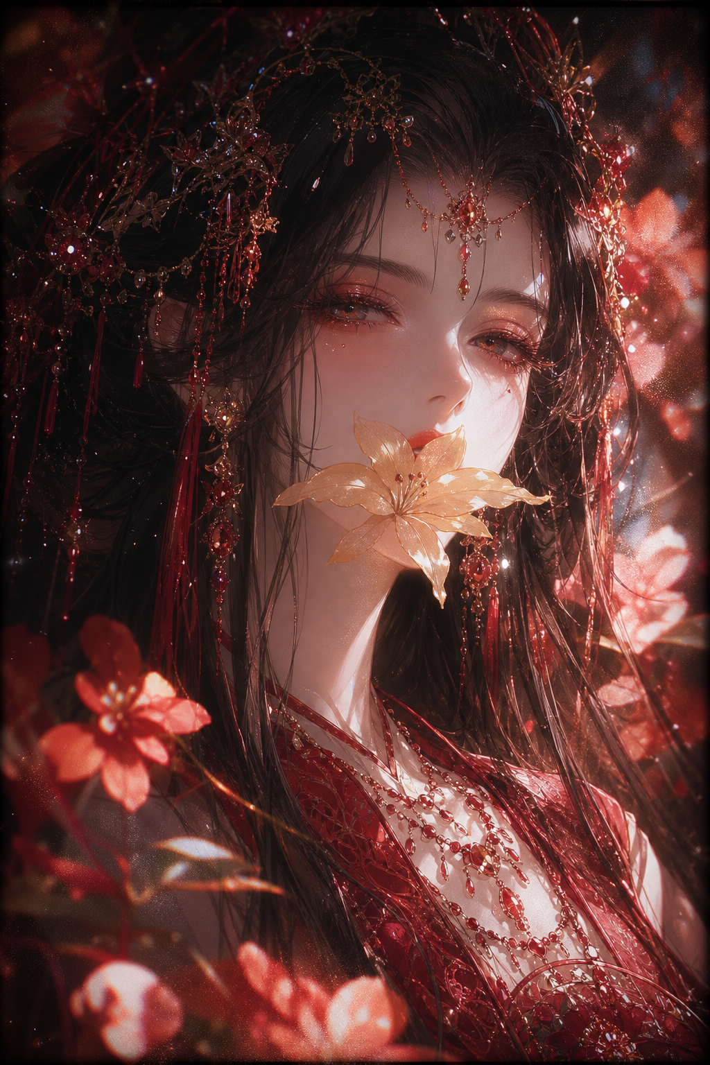 胶片摄影，镜头语言，淡彩，暗调，氛围低光，个性视角，奇妙融合意境，一位美人，真人，有着倾国倾城之貌、皮肤白皙嫩滑， 仿Bjd风格，头上戴着繁华的红色系饰品，清冷感，一位身着魏晋南北朝风格红色系服装的古风绝色美女，多重纱质结构服饰，尽显雍容华贵，周身散发着女王气质，红色流苏鬓帘随着动作微微晃动，一头披发如墨般顺滑，她的皮肤白皙如雪，五官精致绝美，在伦勃朗光的映照下，形成强烈的明暗对比和高反差，高曝且过曝的暗调画面中，情绪氛围感被拉满，全身像，发饰同款项链，洛丽塔， 透光感，玻璃感，洛丽塔御姐范，梦幻红色系，精美繁复的红色系服饰配饰耳饰，神秘，梦核，高级。高级，淡红色烟雾朦胧美，明亮，高颜值，高对比度，虚焦，既视感，情绪氛围感拉满，暗朦，光朦，粒子高噪点，胶片颗粒质感，层次丰富，写意，朦胧美学，光的美学，lomo效果，超现实，高级感，杰作，运用动漫漫画风格的厚涂手法来展现超近景特写画面，主体是一个少女，嘴含着一朵花瓣边缘细腻如绢的白色粉斑萱草花。杏黄色调在冷光的映衬下闪烁着珍珠母贝色泽，卷翘的睫毛根根分明，阴影处颜料堆积形成自然的弧度，长发如瀑布垂落，有着珍珠光泽，呈现出微微发光效果，仿佛有细碎星尘，危险，面部高光有着珍珠色泽的淡红色眼影，发丝自然弯曲。繁花密叶背景。