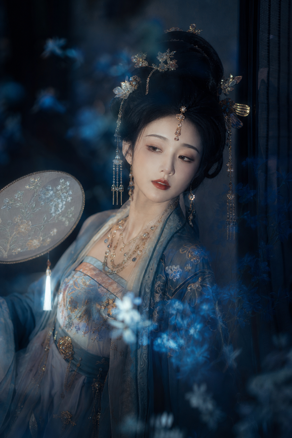 ccd摄影，16岁年轻女，美人，高髻繁复发型，发饰华丽，华丽步摇，唐制汉服，服装造型精致华丽灵动。风情妩媚天真而不自知，楚楚可怜，细节丰富，光线明暗交接，光，层次丰富，朦胧美学，光的美学，lomo效果，高级感，杰作。非常规构图，非常规动作，多件服装叠穿。中国传统色彩搭配，色彩偏蓝色，若隐若现